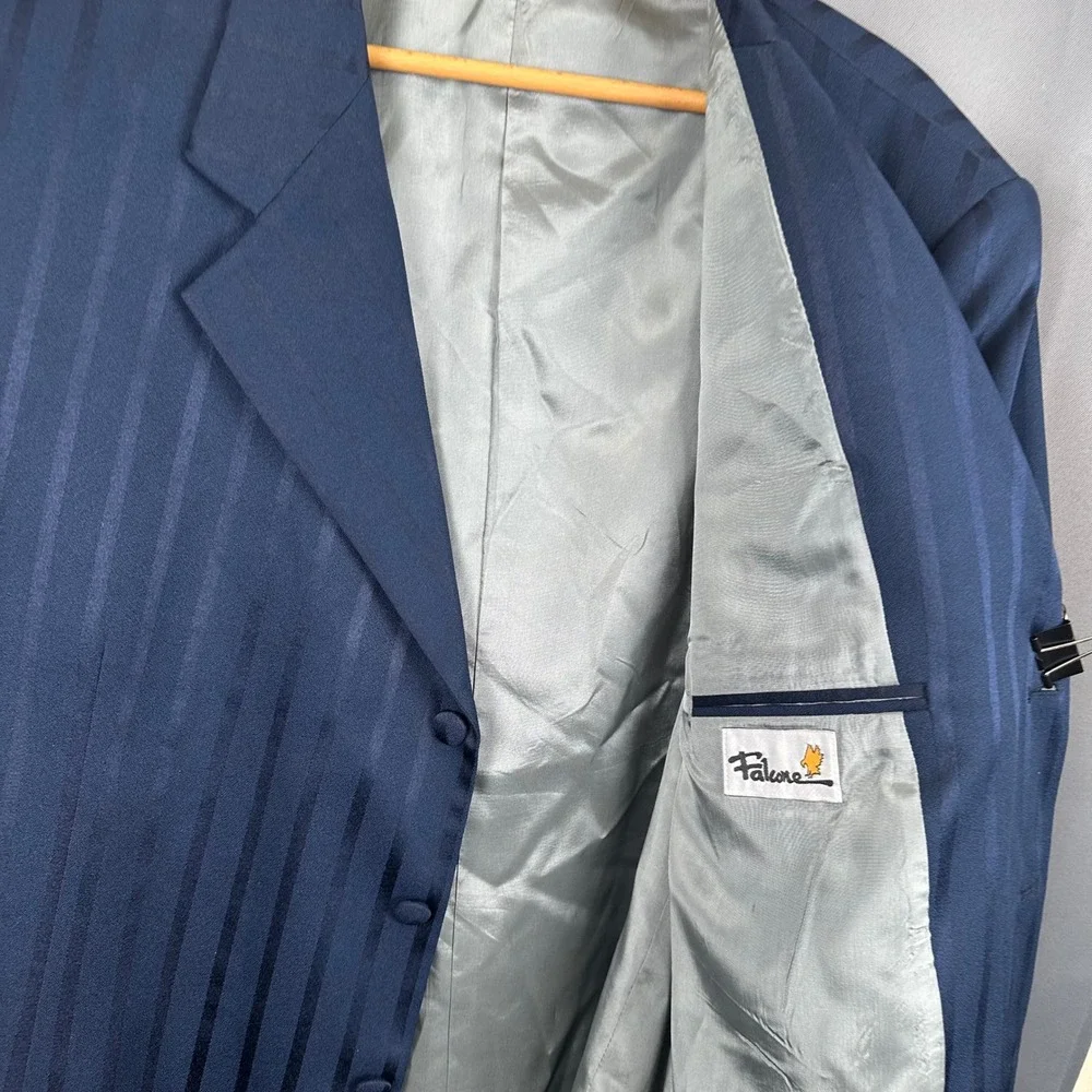 Falcone Curtis Mens 50 Long Navy Blue Pinstripe 3-Button Longline Blazer Jacket